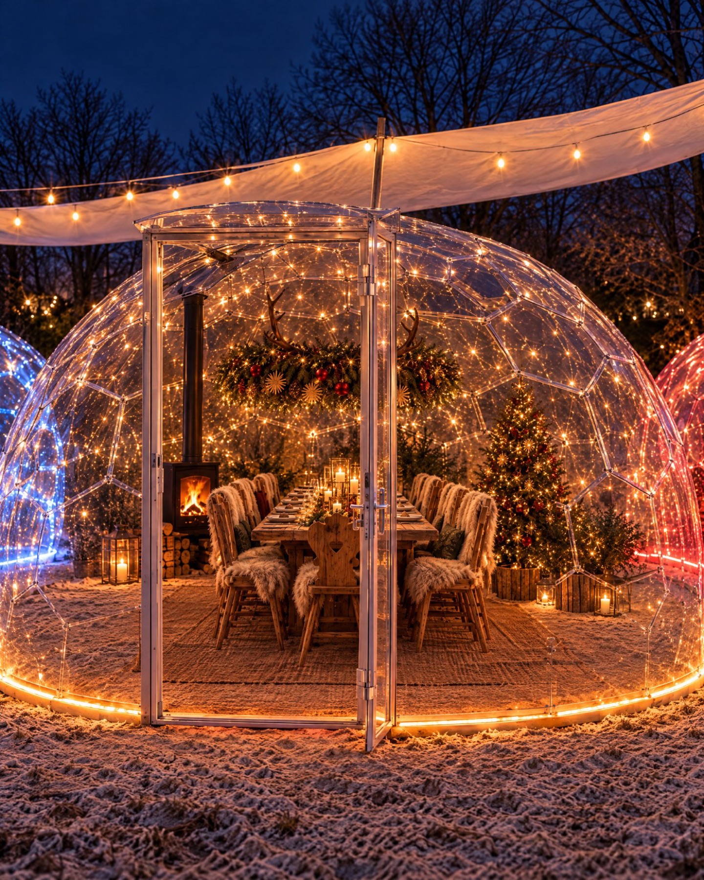 Große Kuppel bei Nacht am Strand, innen eine lange Holztafel, Felle, Geweihe über dem Tisch und ein Ofen am Rand